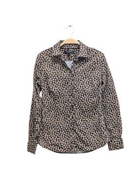 Banana Republic Tailored Fit Floral Button Down Blouse Navy Cream Workwear Top